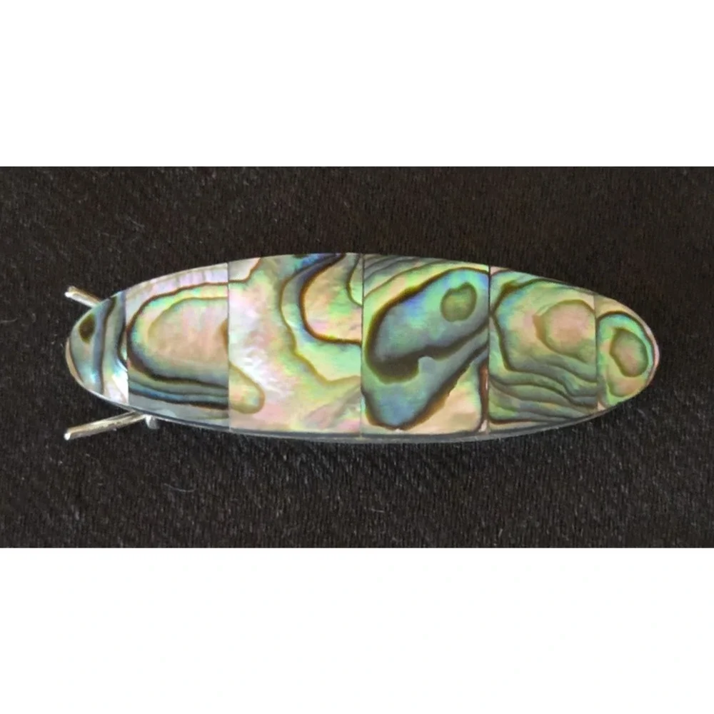 Vintage Mexico Silver Tone Abalone Inlay Barrette Women's Hair Clip Mid Century